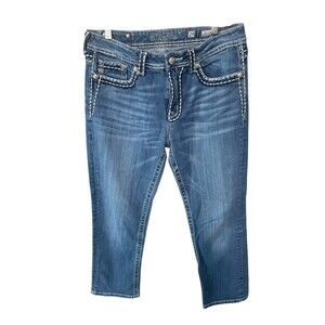 Miss Me Jeans Women’s Size 29 Boyfriend Capri Distressed Blue Denim Thick Stitch
